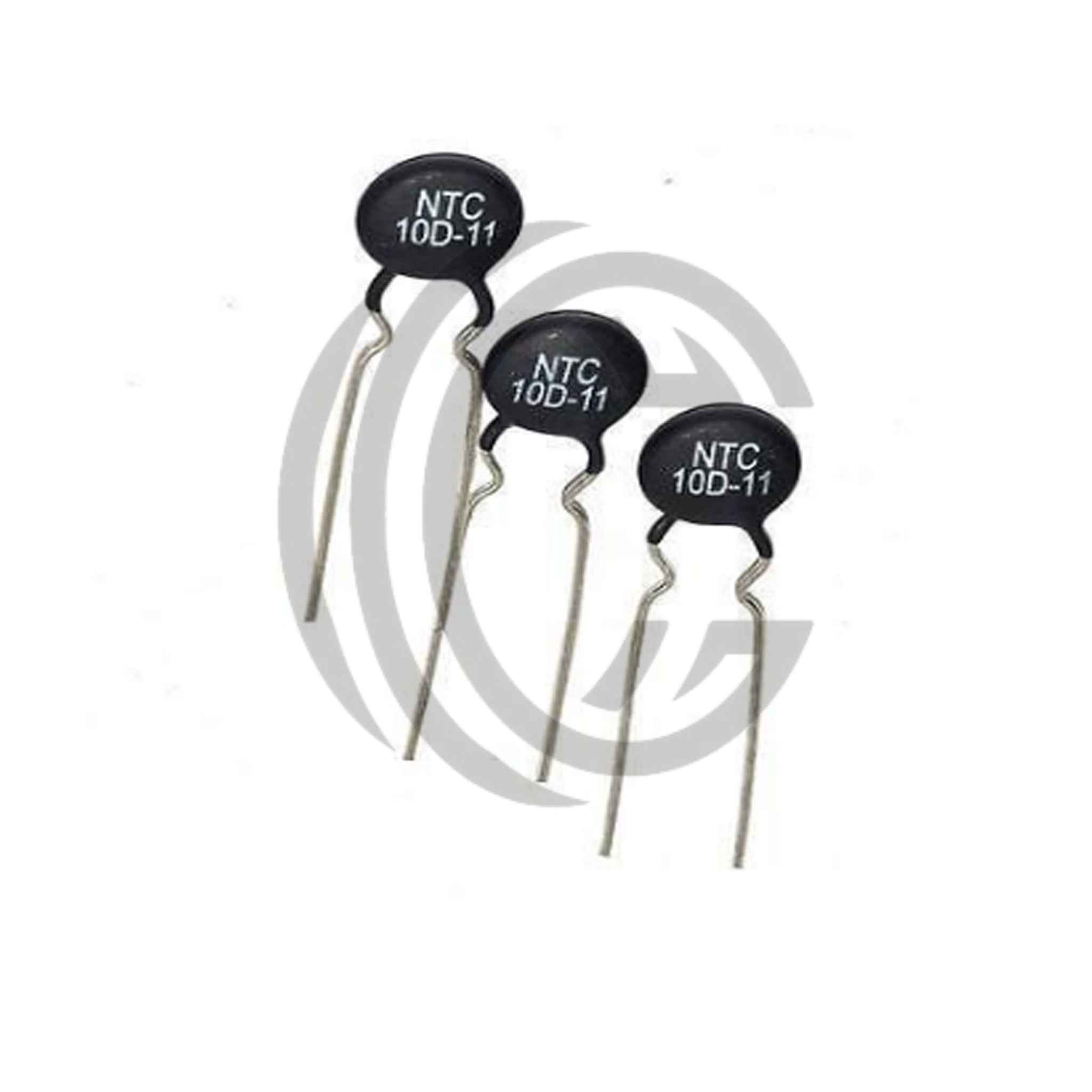 Three NTC10D11 thermistors with black disc bodies and bent metal leads for temperature sensing