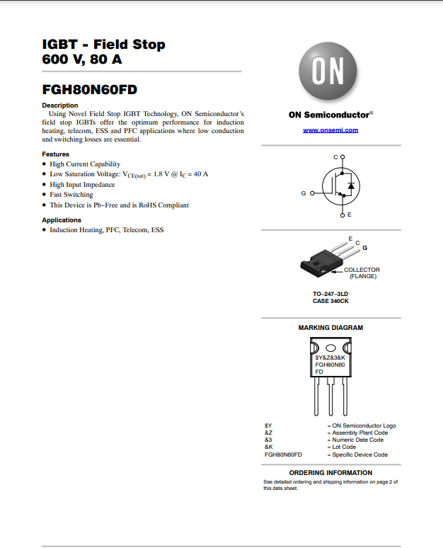 FGH80N60FD2 IGBT Field Stop 600V 80A transistor datasheet from The Component Centre