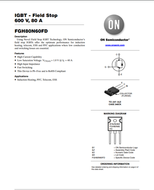 FGH80N60FD2 IGBT Field Stop 600V 80A transistor datasheet from The Component Centre
