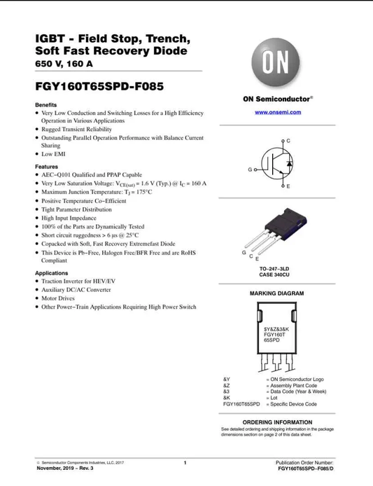 FGY160T65SPD IGBT Field Stop Trench Soft Fast Recovery Diode 650V 160A by ON Semiconductor datasheet