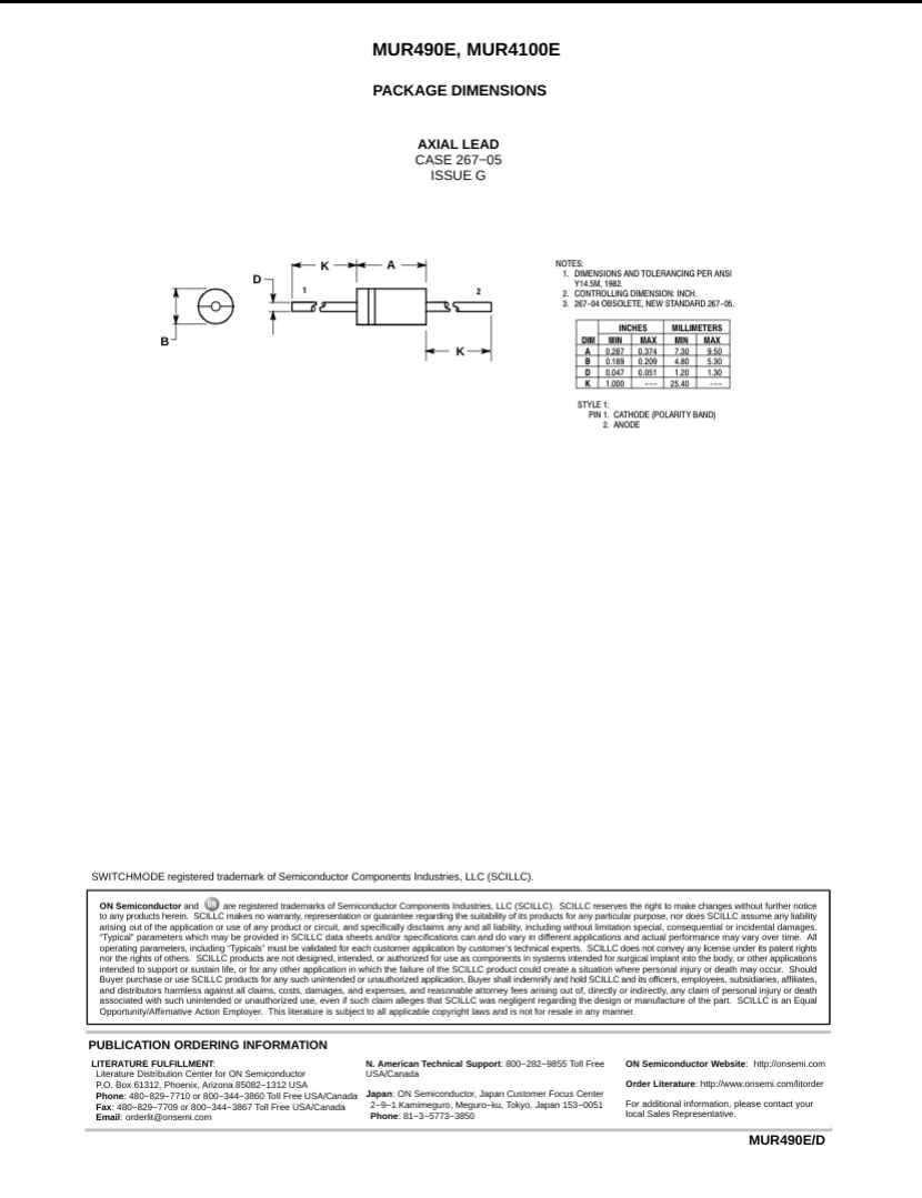 Technical drawing and package dimensions for MUR490E axial lead diode component by The Component Centre