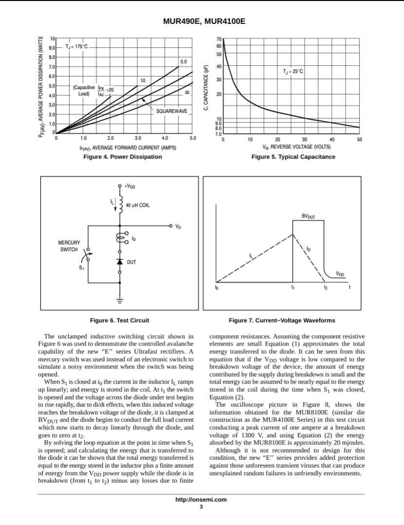 Technical datasheet showing graphs and circuit diagrams for MUR490E diode from The Component Centre