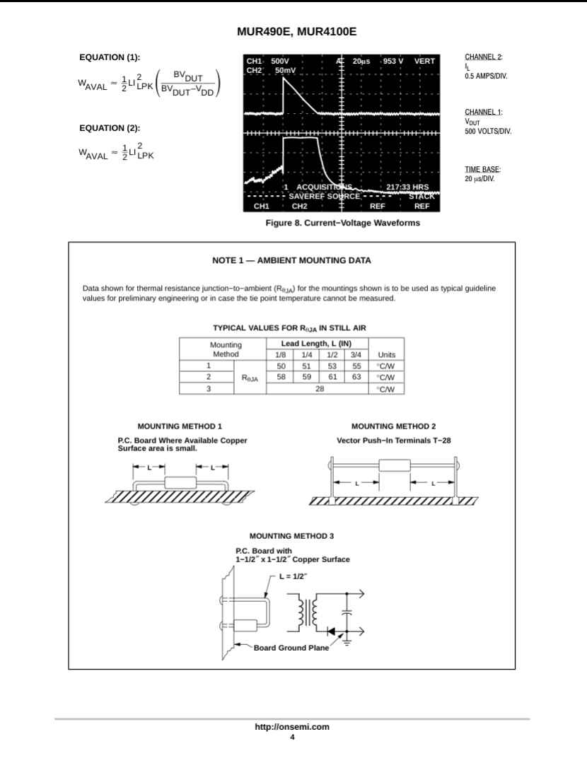 Technical datasheet page showing current-voltage waveforms and mounting data for MUR490E diode