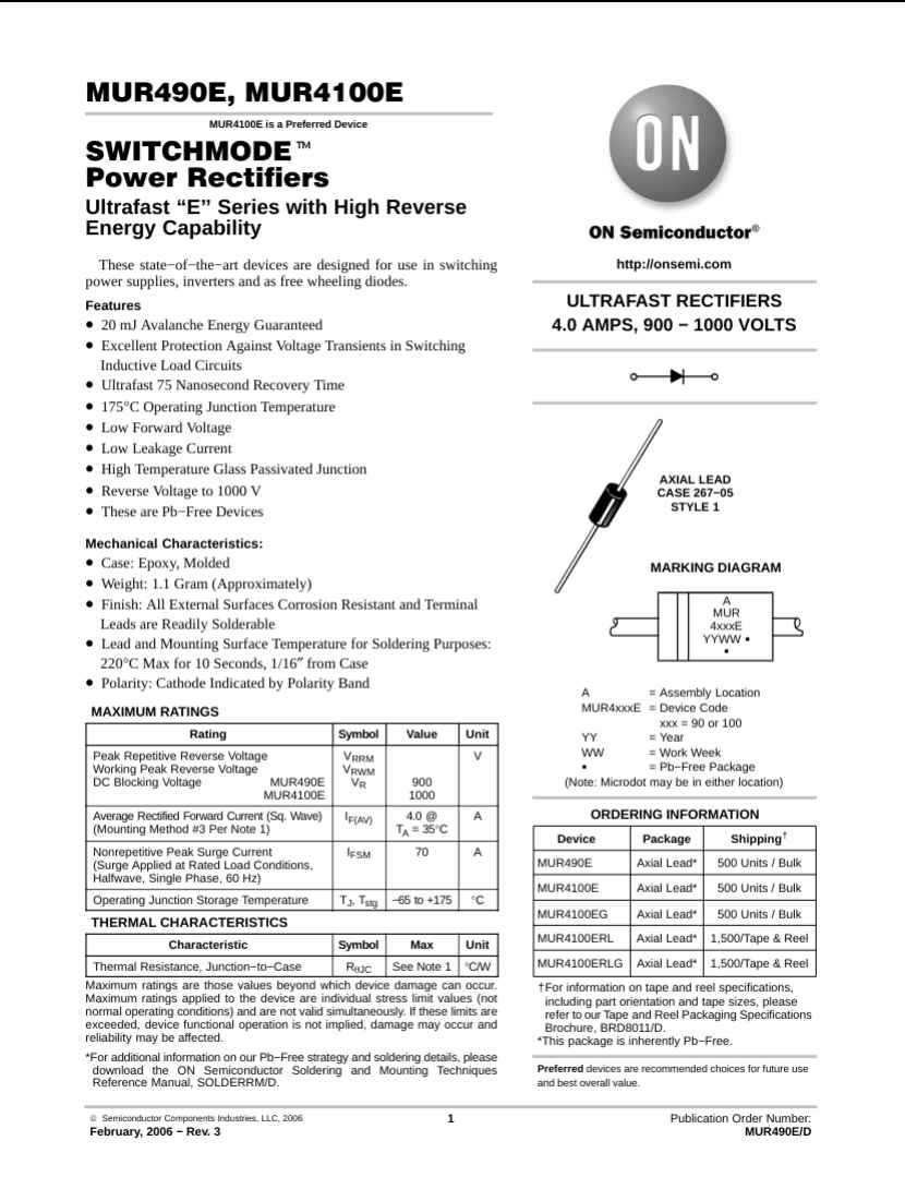 MUR490E switchmode power rectifier datasheet by The Component Centre showing specifications and features