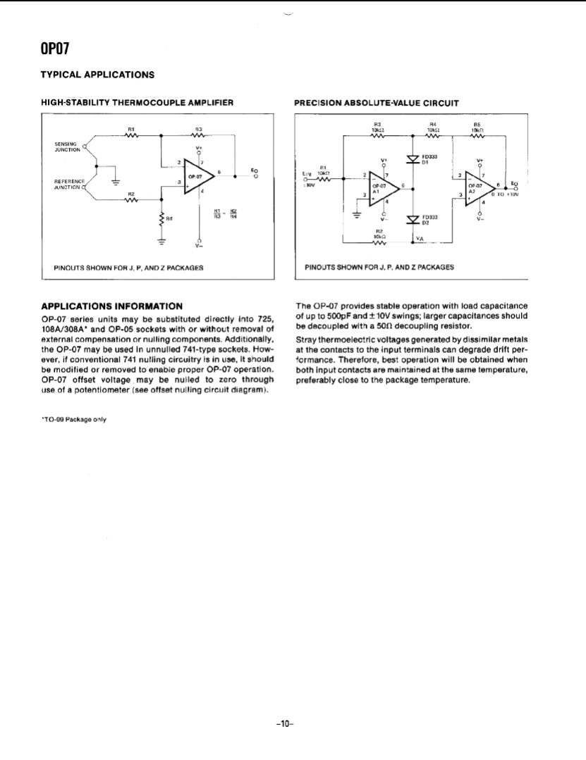 OP07CP high-stability thermocouple amplifier and precision absolute-value circuit application diagram
