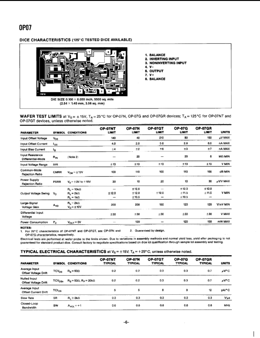 Technical datasheet for OP07CP operational amplifier showing circuit design and test limits