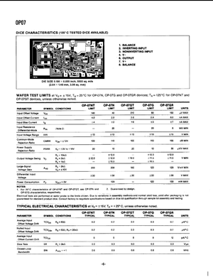 Technical datasheet for OP07CP operational amplifier showing circuit design and test limits
