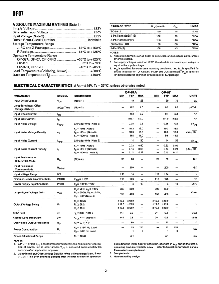 OP07CP electronic component datasheet page showing absolute ratings and electrical characteristics tables
