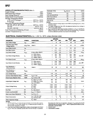 OP07CP electronic component datasheet page showing absolute ratings and electrical characteristics tables