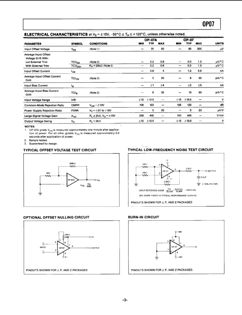 Electrical characteristics datasheet for OP07CP operational amplifier showing test circuits and voltage parameters