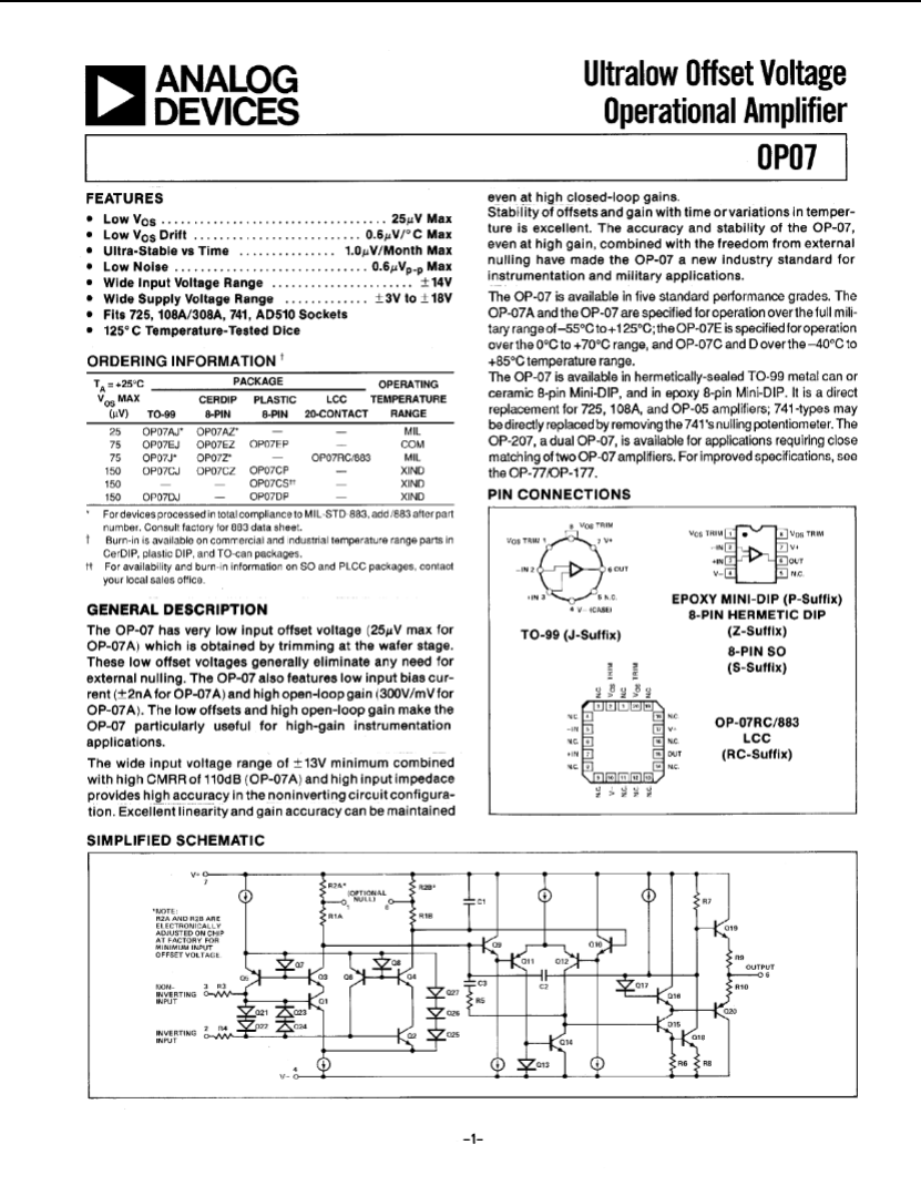 Analog Devices OP07CP ultralow offset voltage operational amplifier technical datasheet page
