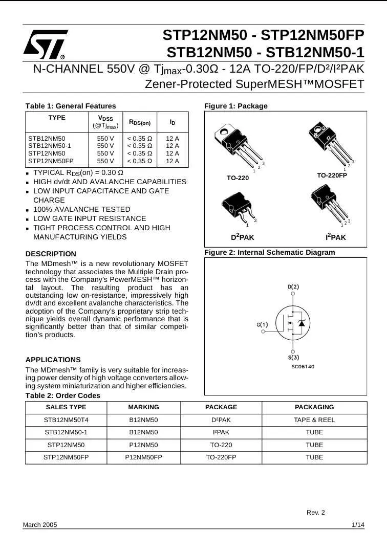 P12NM50FP N-channel 550V Zener-protected SuperMESH MOSFET datasheet page showing features and package types
