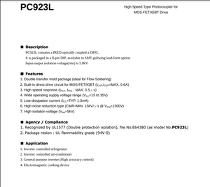 PC923L High Speed Type Photocoupler datasheet with features and specifications for MOS-FET and IGBT drive