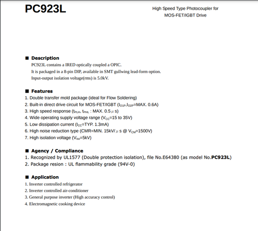 PC923L High Speed Type Photocoupler datasheet with features and specifications for MOS-FET and IGBT drive