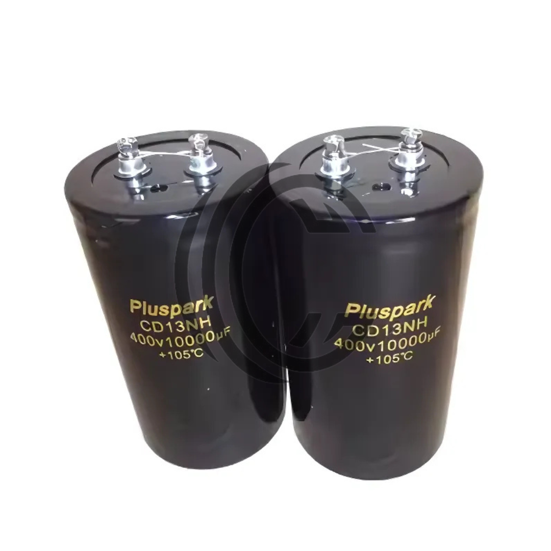 Two black Pluspark electrolytic capacitors 680uF 550V with metal terminals and specifications printed in yellow
