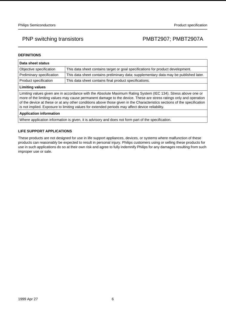 PMBT2907A PNP switching transistors product specification sheet by The Component Centre