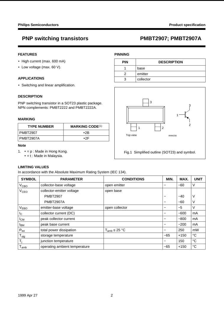 PMBT2907A PNP switching transistor datasheet with features pinning and limiting values