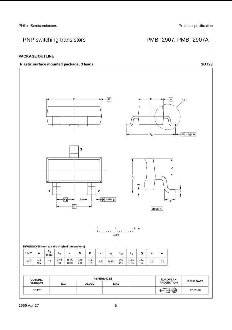 Technical drawing and dimensions of PMBT2907A PNP switching transistor package from The Component Centre
