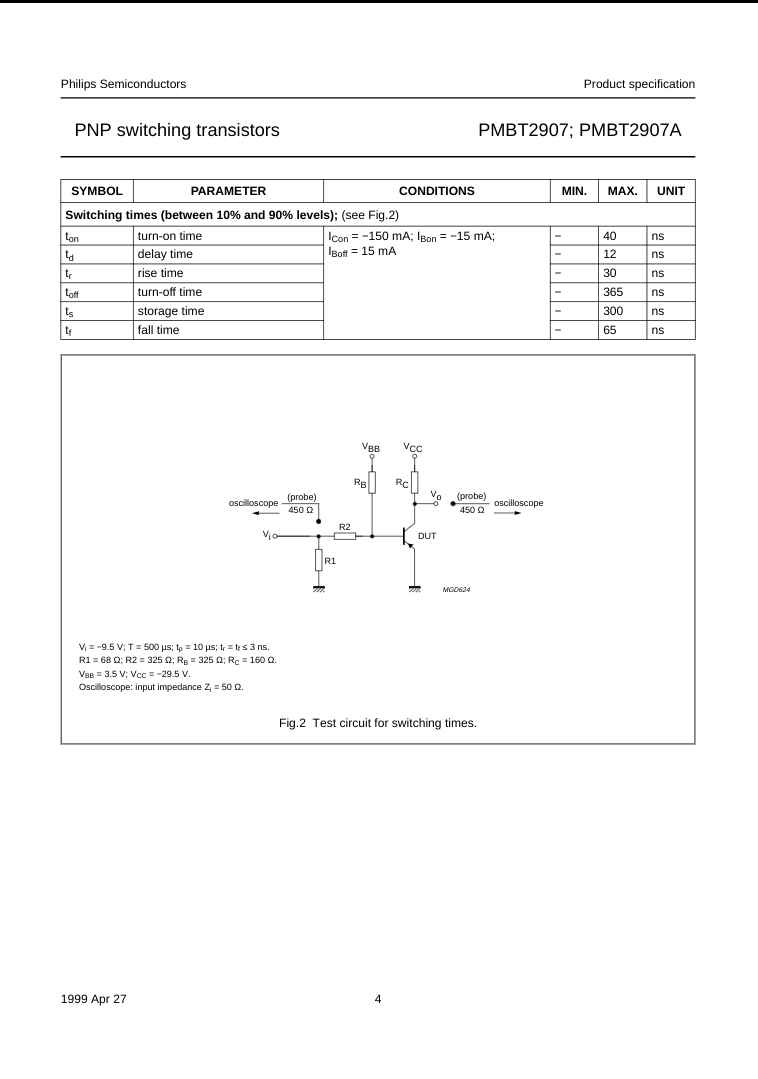 PMBT2907A PNP switching transistor specification sheet with switching time table and test circuit diagram