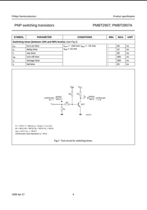 PMBT2907A PNP switching transistor specification sheet with switching time table and test circuit diagram