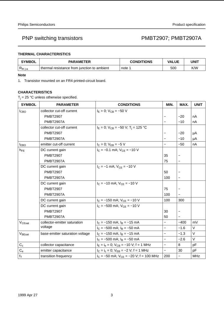 Technical datasheet page showing electrical characteristics and thermal parameters of PMBT2907A PNP switching transistor