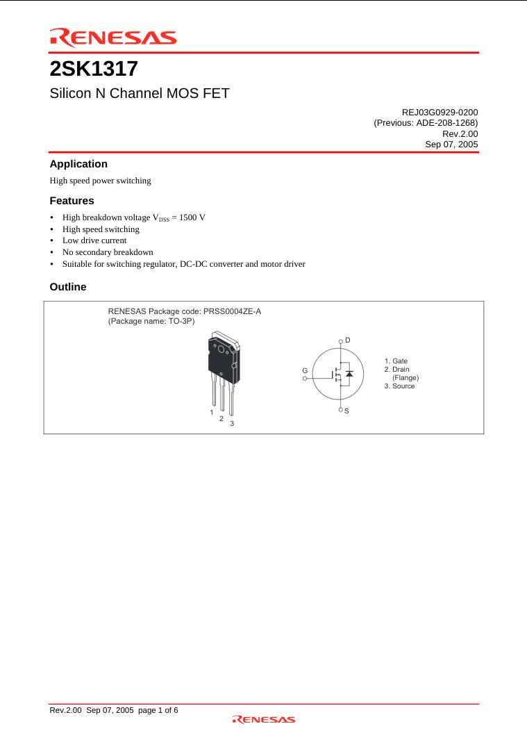 Renesas 2SK1317 Silicon N Channel MOS FET high speed power switching component