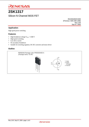Renesas 2SK1317 Silicon N Channel MOS FET high speed power switching component