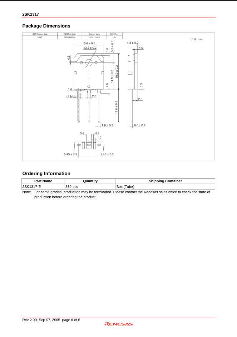 Technical drawing and package dimensions of K1317 electronic component 