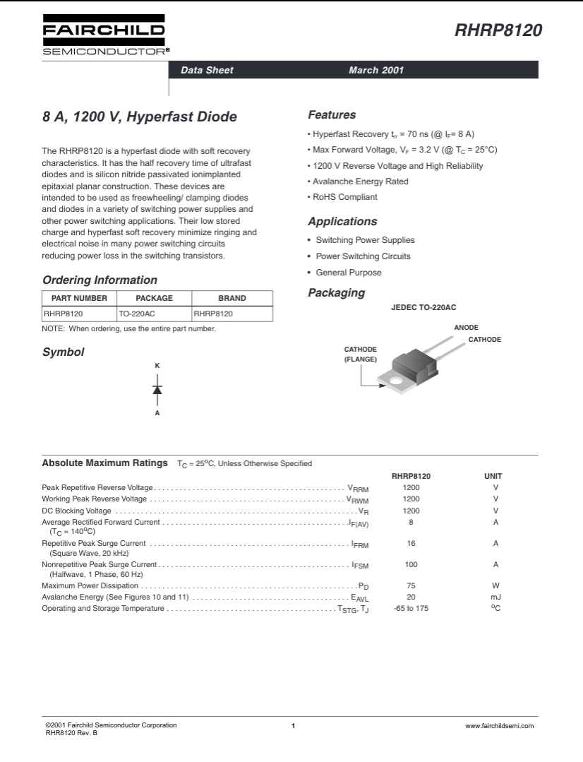 Fairchild Semiconductor RHRP8120 8 amp 1200 volt hyperfast diode datasheet page