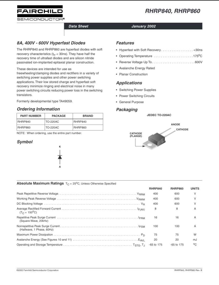 Fairchild Semiconductor datasheet for RHRP860 8A 400V 600V hyperfast diodes showing specifications and features