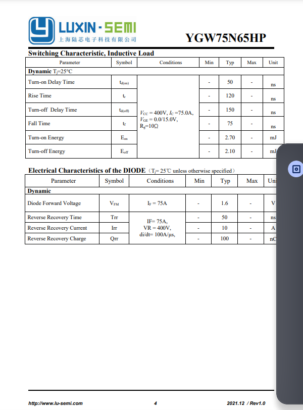 RN75H65 electronic component datasheet page showing switching and diode electrical characteristics