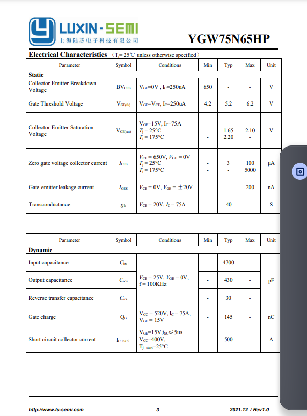 Technical datasheet page for RN75H65 transistor showing electrical characteristics and dynamic parameters