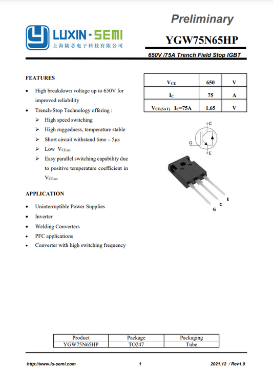 RN75H65 black TO247 package transistor component for power supplies and inverters