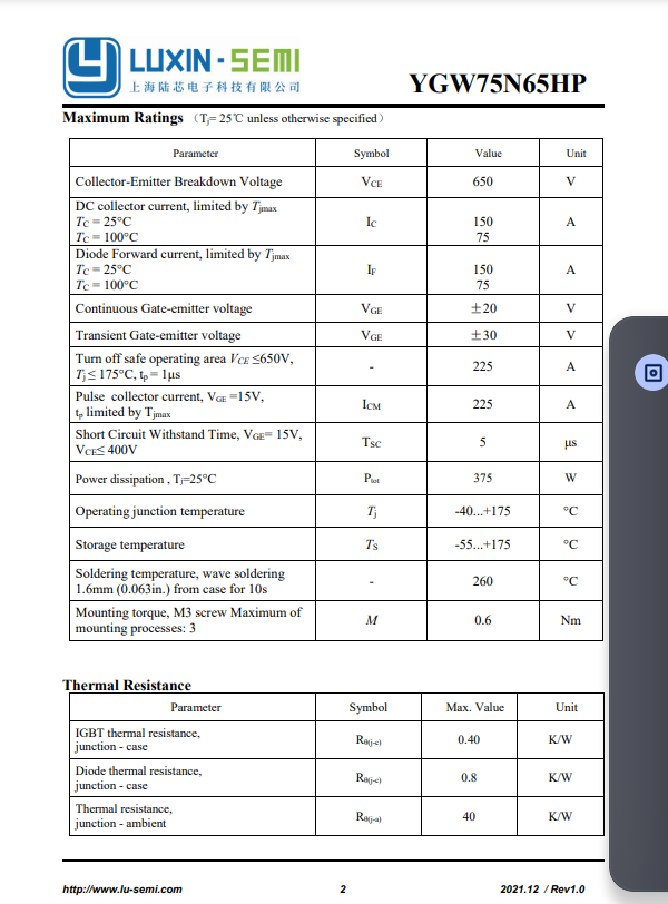 Technical datasheet page showing maximum ratings and thermal resistance for RN75H65 electronic component