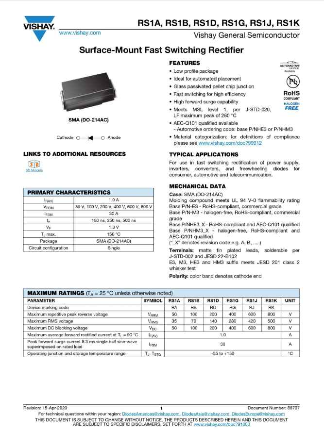Vishay RS1J surface-mount fast switching rectifier with SMA package for efficient power supply use