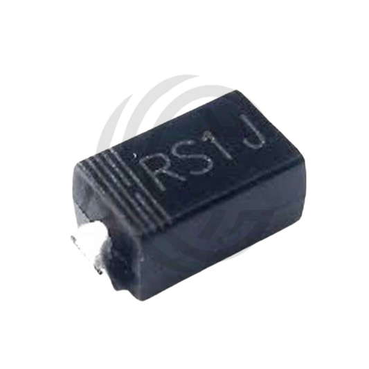 Black electronic component RS1J diode with surface mount design from The Component Centre