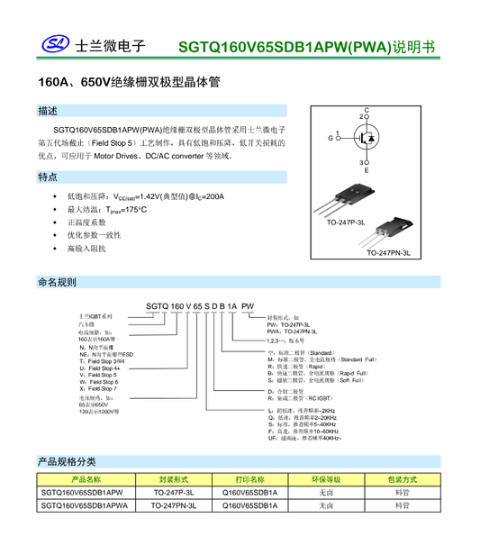 Technical datasheet for 160v65 SGTQ160V65SDB1APW PWA 160A 650V insulated dual transistor from The Component Centre