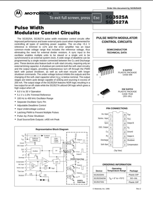 SG3525 datasheet page showing pulse width modulator control circuits block diagram and pin connections