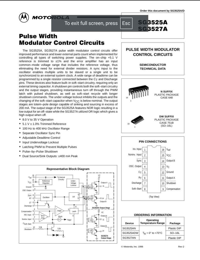 SG3525 datasheet page showing pulse width modulator control circuits block diagram and pin connections