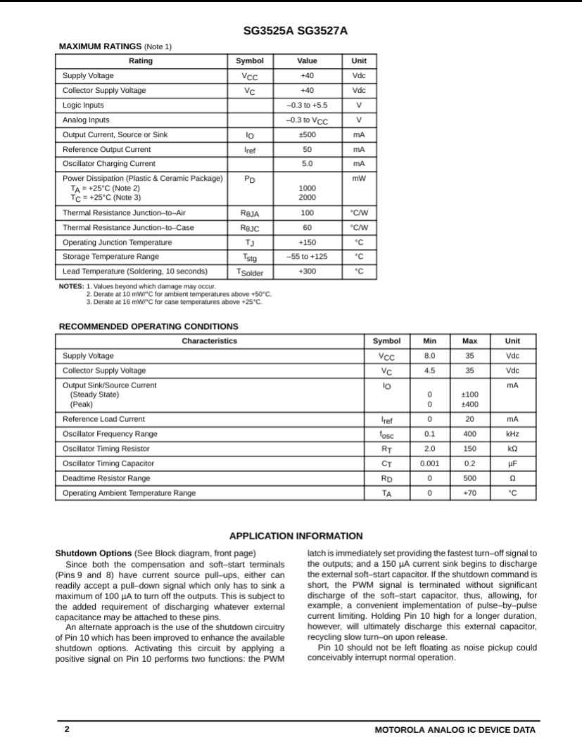 SG3525 electronic component datasheet showing maximum ratings and recommended operating conditions