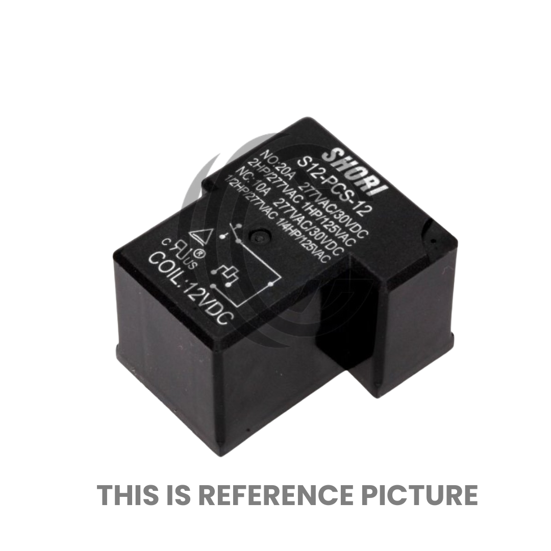 Black electrical relay component labeled S12-PCS-24V from The Component Centre for industrial use