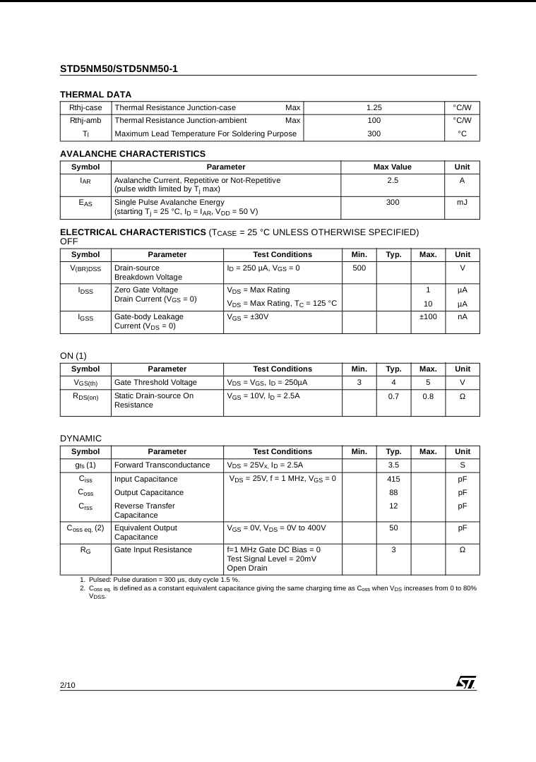 Datasheet image showing electrical and thermal characteristics of STD5NM50 transistor