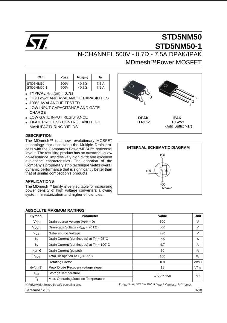 STD5NM50 N-channel 500V 7.5A Power MOSFET datasheet by The Component Centre showing specifications and internal schematic