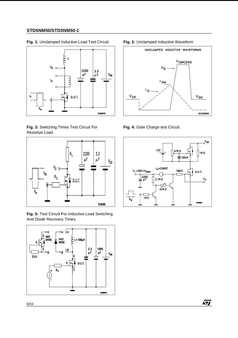 Technical schematic diagrams for STD5NM50 transistor test circuits and inductive load waveforms