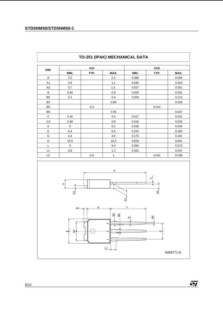Technical drawing and mechanical dimensions of STD5NM50 transistor component in TO-251 package