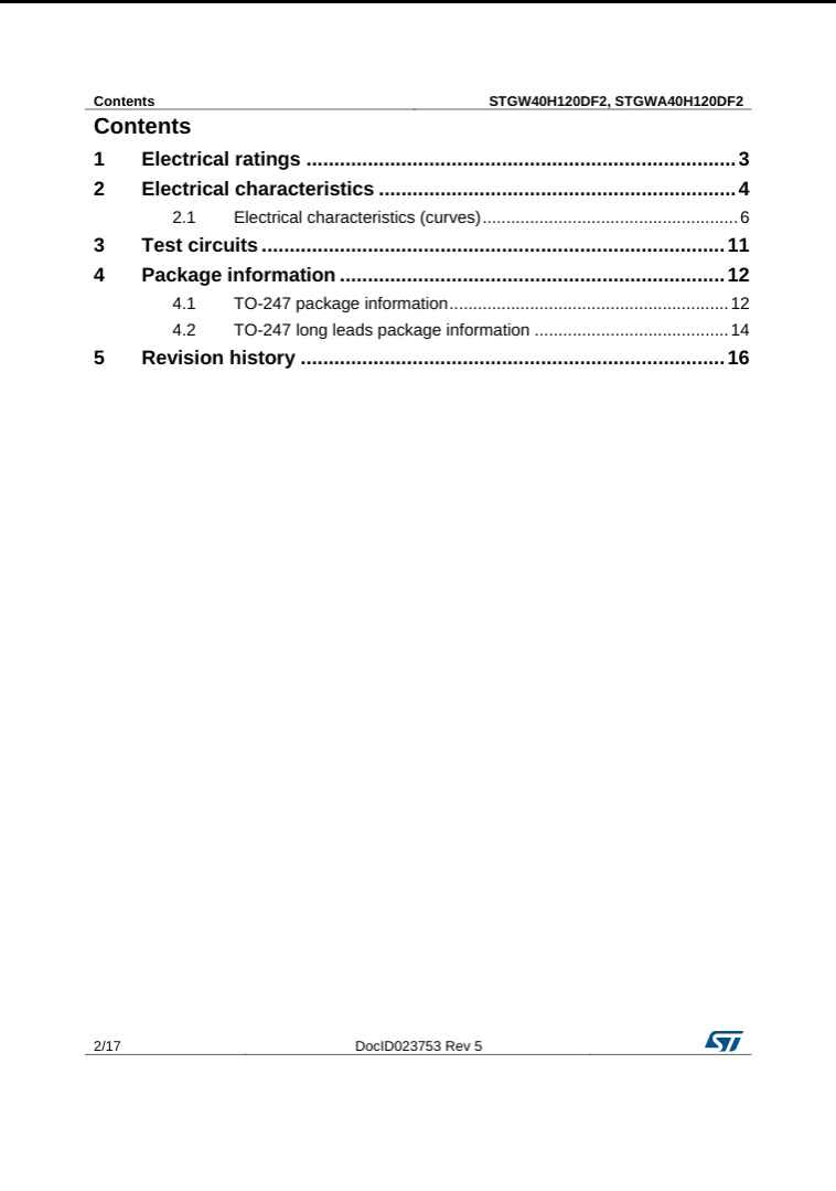 The Component Centre datasheet contents page for STGW40H120DF2 electronic component