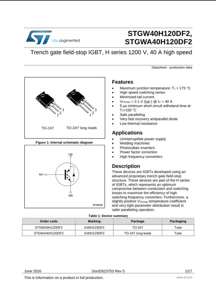 STGW40H120DF2 trench gate field-stop IGBT transistor with high speed and 1200V 40A rating