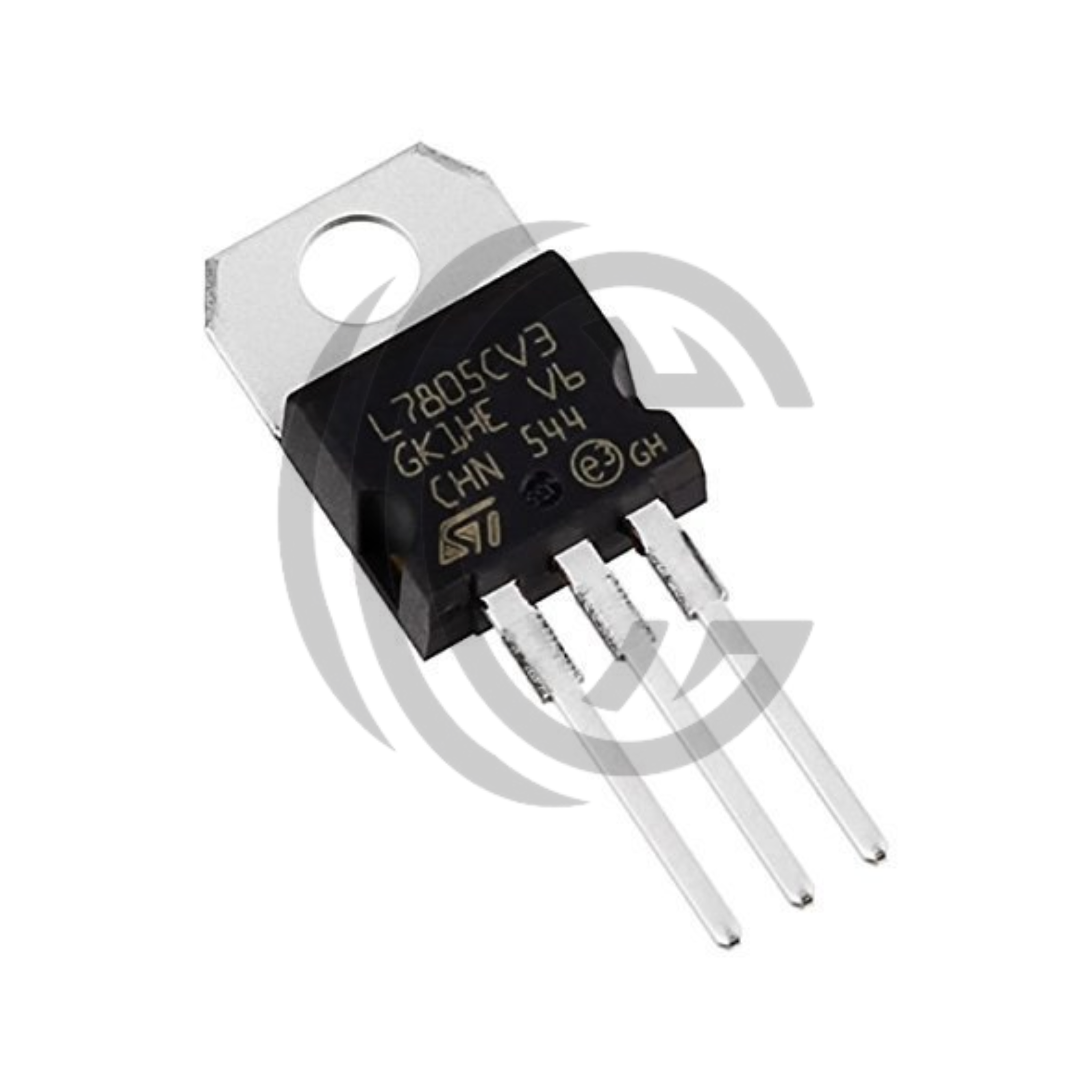 L7805 voltage regulator component with three metal pins and metal mounting tab from The Component Centre