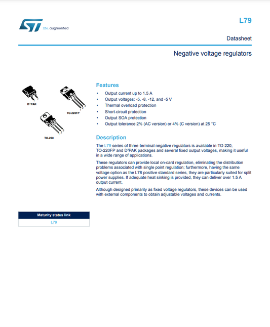 L7912 negative voltage regulator datasheet showing three terminal negative regulators in TO-220 and DPAK packages