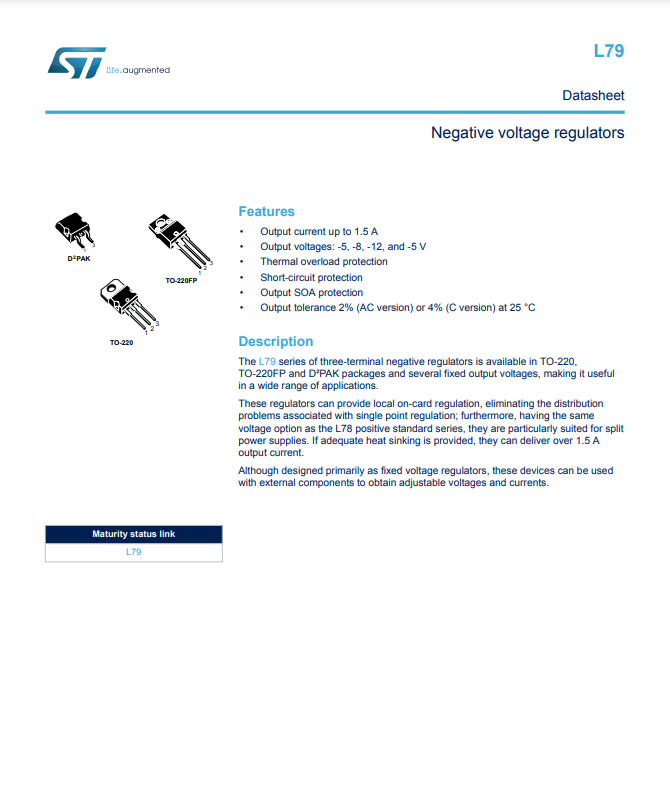 L7912 negative voltage regulator datasheet showing three terminal negative regulators in TO-220 and DPAK packages